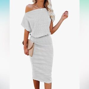 Black and White Sheath Midi Dress with Cowl Neck